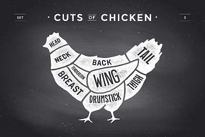 Cut of meat set. Poster Butcher diagram and scheme - Chicken. Vi (keretezett kép) - vászonkép, falikép otthonra és irodába