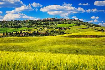 Tavaszi tavasz, Pienza középkori falu. Siena, Olaszország (fotótapéta) - vászonkép, falikép otthonra és irodába