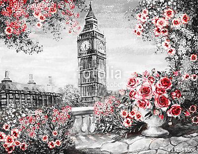 Rózsák és Big Ben, London  (olajfestmény reprodukció) (keretezett kép) - vászonkép, falikép otthonra és irodába