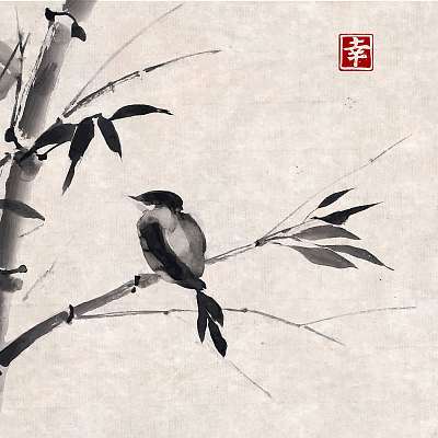 Bambusz és madár (keretezett kép) - vászonkép, falikép otthonra és irodába