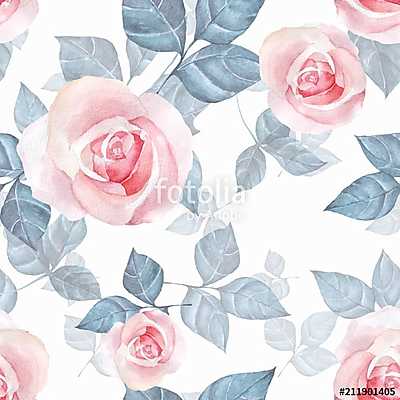 Delicate roses. Hand drawn watercolor floral seamless pattern 4 (keretezett kép) - vászonkép, falikép otthonra és irodába