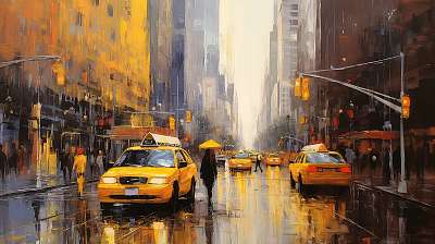 New York-i utca esben sárga taxikkal (festmény effekt) (keretezett kép) - vászonkép, falikép otthonra és irodába