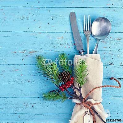 ünnepi karácsonyi evőeszközök kék (bögre) - vászonkép, falikép otthonra és irodába