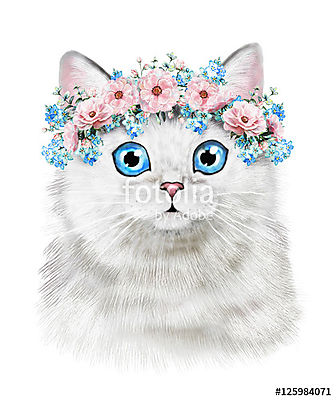 Aranyos macska illusztráció virágok virággal (fotótapéta) - vászonkép, falikép otthonra és irodába