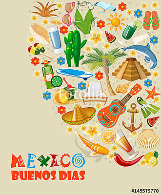 Vector színes kártya Mexikóban. Utazás plakát mexikói it (többrészes kép) - vászonkép, falikép otthonra és irodába