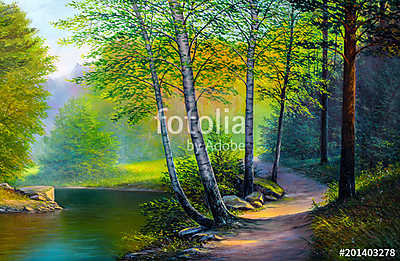Színes nyári erdő, gyönyörű folyó (olajfestmény reprodukció) (fotótapéta) - vászonkép, falikép otthonra és irodába