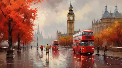 Londoni utcakép Big bennel és emeletes busszal esőben 2. (festmény effekt) (többrészes kép) - vászonkép, falikép otthonra és irodába