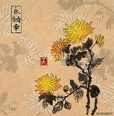 Krizantém virágok szüreti háttérrel. Hagyományos orienta (poszter) - vászonkép, falikép otthonra és irodába