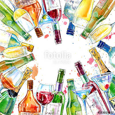 Alkoholos italok, poharak (akvarell reprodukció) (vászonkép óra) - vászonkép, falikép otthonra és irodába