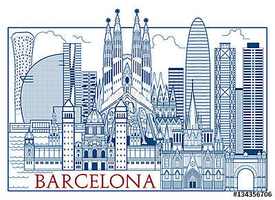 Barcelona Attractions. Handmade drawing vector illustration. All (többrészes kép) - vászonkép, falikép otthonra és irodába