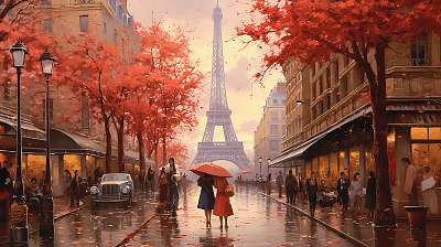 Párizsi utcakép az Eiffel-toronnyal esőben, esernyővel (festmény effekt) (fotótapéta) - vászonkép, falikép otthonra és irodába