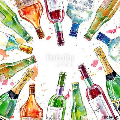 Alkoholos üvegek (akvarell reprodukció) (vászonkép óra) - vászonkép, falikép otthonra és irodába