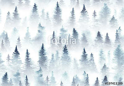 Seamless pattern of watercolor spruce forest in the fog. (többrészes kép) - vászonkép, falikép otthonra és irodába