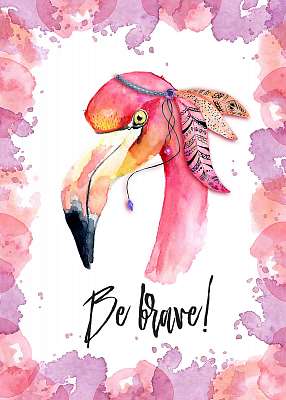 Watercolor pink Flamingo with feathers and incription Be brave (keretezett kép) - vászonkép, falikép otthonra és irodába