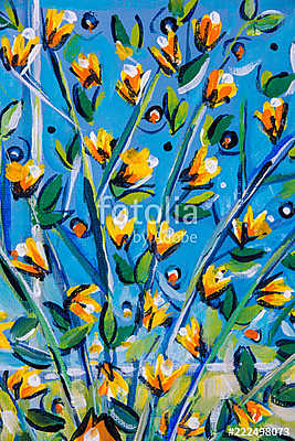 Details of acrylic paintings showing colour, textures and techniques. Expressionistic  tree branches with yellow spring blossom. (keretezett kép) - vászonkép, falikép otthonra és irodába
