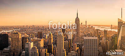 New York City skyline panoráma a naplementében (keretezett kép) - vászonkép, falikép otthonra és irodába