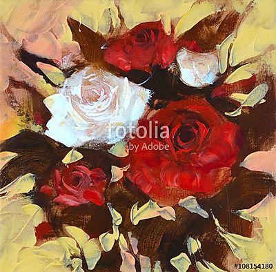 Fehér és vörös rózsa, kézzel festett (fotótapéta) - vászonkép, falikép otthonra és irodába
