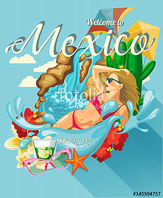 Vector színes kártya Mexikóban. Utazás plakát mexikói it (keretezett kép) - vászonkép, falikép otthonra és irodába