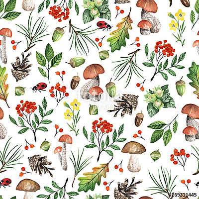 Seamless white pattern with mushrooms, nuts, leaves, acorns. Wat (bögre) - vászonkép, falikép otthonra és irodába