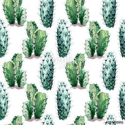 Watercolor seamless pattern with cactus. (többrészes kép) - vászonkép, falikép otthonra és irodába