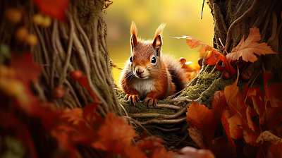 Cuki mókus az őszi erdőben (többrészes kép) - vászonkép, falikép otthonra és irodába