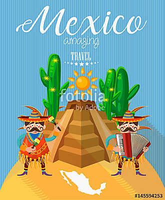Vector színes kártya Mexikóról. Utazás plakát mexikói it (többrészes kép) - vászonkép, falikép otthonra és irodába