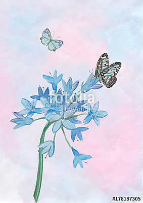 Watercolor Butterflies with a bunch on blue flowers. (többrészes kép) - vászonkép, falikép otthonra és irodába
