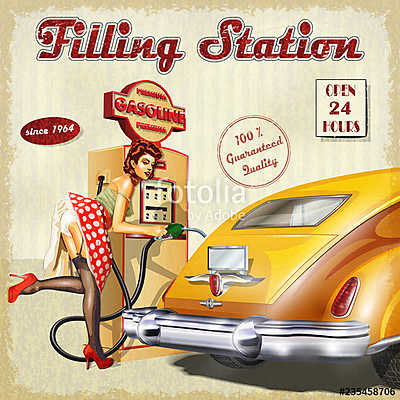 Filling station retro poster (keretezett kép) - vászonkép, falikép otthonra és irodába