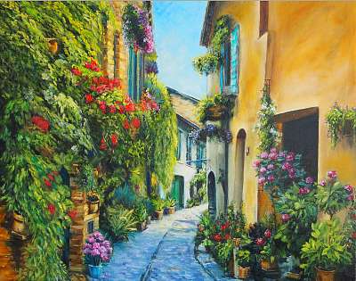Virágos mediterrán utca (festmény) (vászonkép óra) - vászonkép, falikép otthonra és irodába