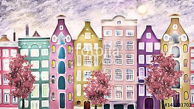 Amszterdam színes házak (olajfestmény reprodukció) (fotótapéta) - vászonkép, falikép otthonra és irodába