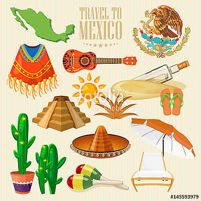 Vector színes kártya Mexikóról. Utazás plakát mexikói it (fotótapéta) - vászonkép, falikép otthonra és irodába