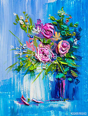 Absztrakt rózsák kék hátteren (olajfestmény reprodukció) (fotótapéta) - vászonkép, falikép otthonra és irodába