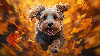 Cuki kutyus fut az őszi avarban (többrészes kép) - vászonkép, falikép otthonra és irodába