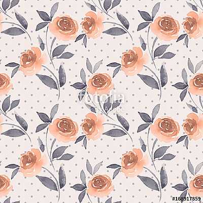Floral seamless pattern with roses. Polka dot background (keretezett kép) - vászonkép, falikép otthonra és irodába