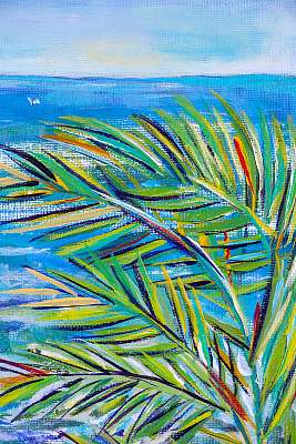 Details of acrylic paintings showing colour, textures and techniques.  Expressionistic palm tree foliage and blue sea horizon ba (bögre) - vászonkép, falikép otthonra és irodába