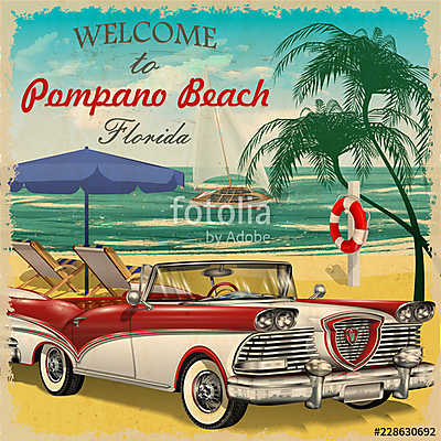 Welcome to Pompano Beach, Florida retro poster. (keretezett kép) - vászonkép, falikép otthonra és irodába