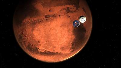 Perseverance Rover szétválása a hordozótól a Mars fölöttt (illusztráció) (többrészes kép) - vászonkép, falikép otthonra és irodába