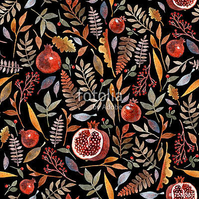 Seamless pattern with wonderful autumn berries, branches, leaves (fotótapéta) - vászonkép, falikép otthonra és irodába