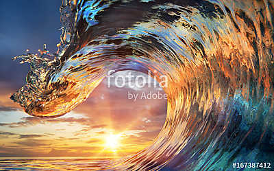 Colorful Ocean Wave. Sea water in crest shape. Sunset light and (poszter) - vászonkép, falikép otthonra és irodába