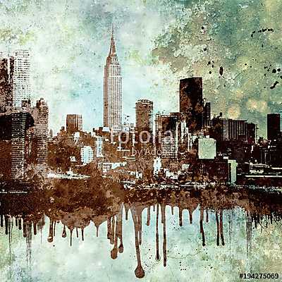 Grunge textured New York city skyline with dripping and copy space. (keretezett kép) - vászonkép, falikép otthonra és irodába