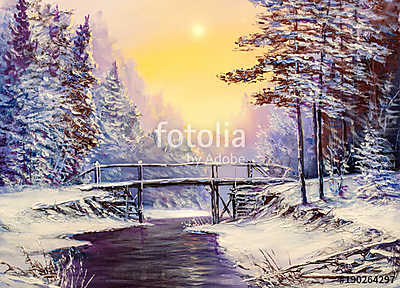 White bridge over the river, winter landscape (fotótapéta) - vászonkép, falikép otthonra és irodába