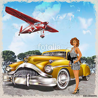 Vintage background with biplane, pin-up girl and retro car. (többrészes kép) - vászonkép, falikép otthonra és irodába