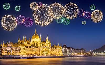 Gyönyörű tűzijáték a magyar parlament alatt (fotótapéta) - vászonkép, falikép otthonra és irodába
