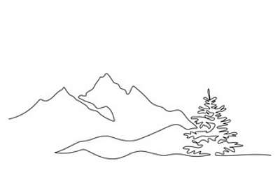 Tájkép hegyekkel és fenyővel (vonalrajz, line art) (keretezett kép) - vászonkép, falikép otthonra és irodába