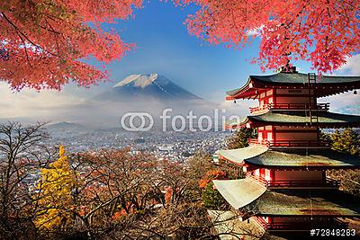 Mt. Fuji a bukás színeivel Japánban. (keretezett kép) - vászonkép, falikép otthonra és irodába