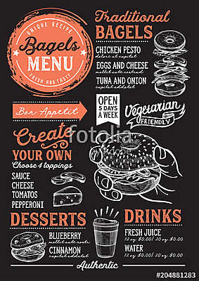 Bagels restaurant menu. Vector sandwich food flyer for bar and c (többrészes kép) - vászonkép, falikép otthonra és irodába