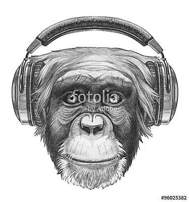 Portrait of Monkey with headphones. Hand drawn illustration. (bögre) - vászonkép, falikép otthonra és irodába