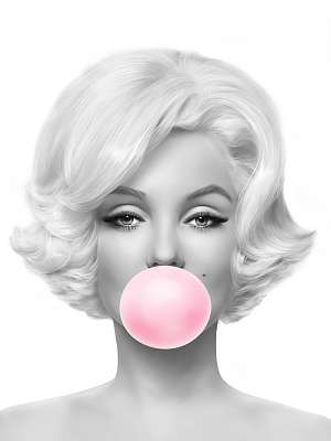 Marilyn Monroe rózsaszín rágógumit fúj, fekete-fehér (3:4 arány) (bögre) - vászonkép, falikép otthonra és irodába