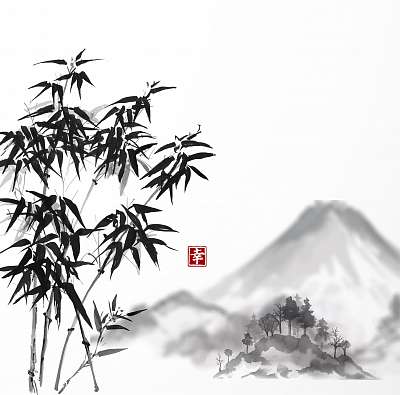 Bambuszfák és Fujiyama hegyek kézzel húzva tintával tradit (bögre) - vászonkép, falikép otthonra és irodába