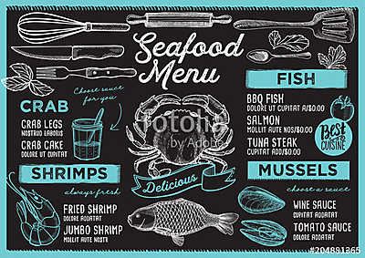 Seafood restaurant menu. Vector food flyer for bar and cafe. Des (többrészes kép) - vászonkép, falikép otthonra és irodába